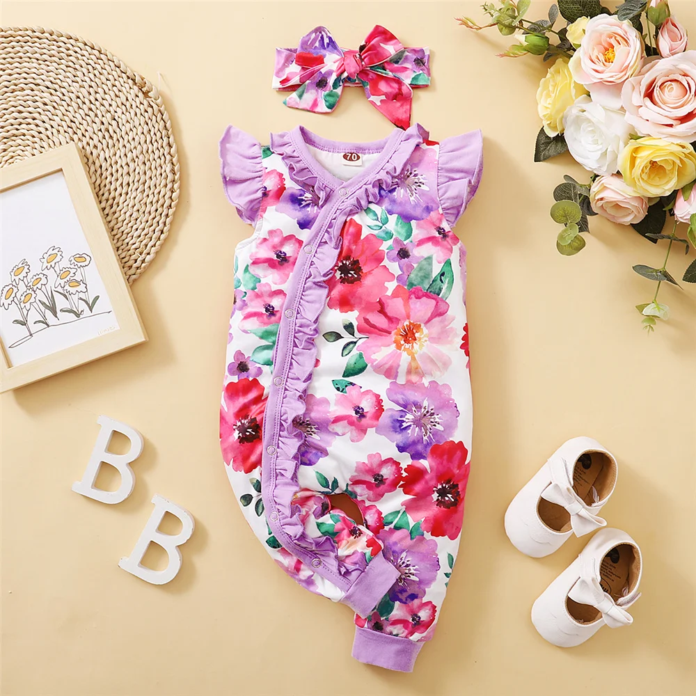 Baby Girl Bodysuit Beautiful Floral Ruffle Romper + Headband New Born Baby Romper Toddler Girl Clothes Summer Fashion Jumpsuit