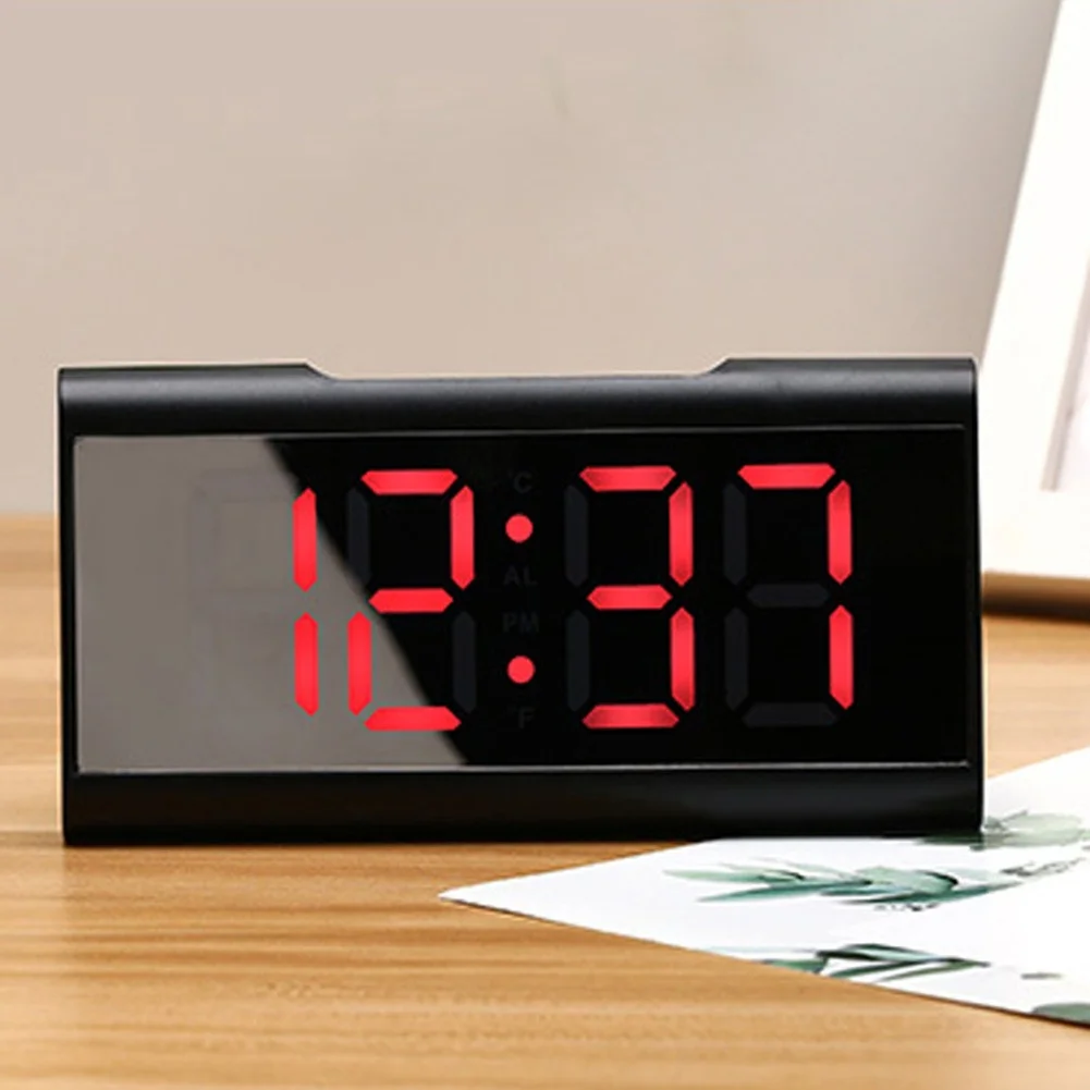 LED Mirror Alarm Clock with Large Digital Display Indoor Temperature Calendar Supports USB and Standard Batteries