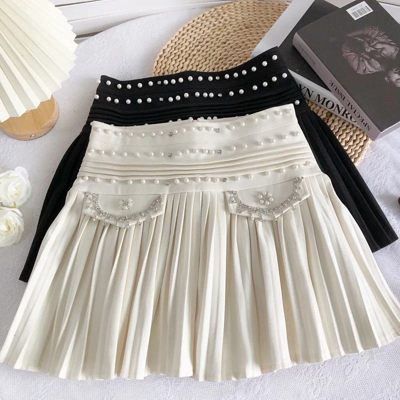 Rhinestone Korean Exquisite Beaded White Pleated Women 2023 Spring Summer New High Waist Slim Black A- Line Hip Mini Skirt