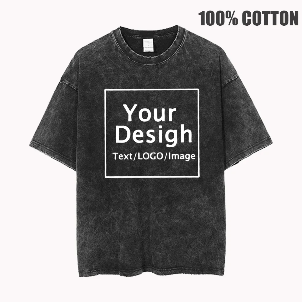 Custom T-shirts Free Printing Logo Oversized Hip Hop Streetwear Men\'s Summer 100% Cotton Washed T Shirt Brand Personalized Tops