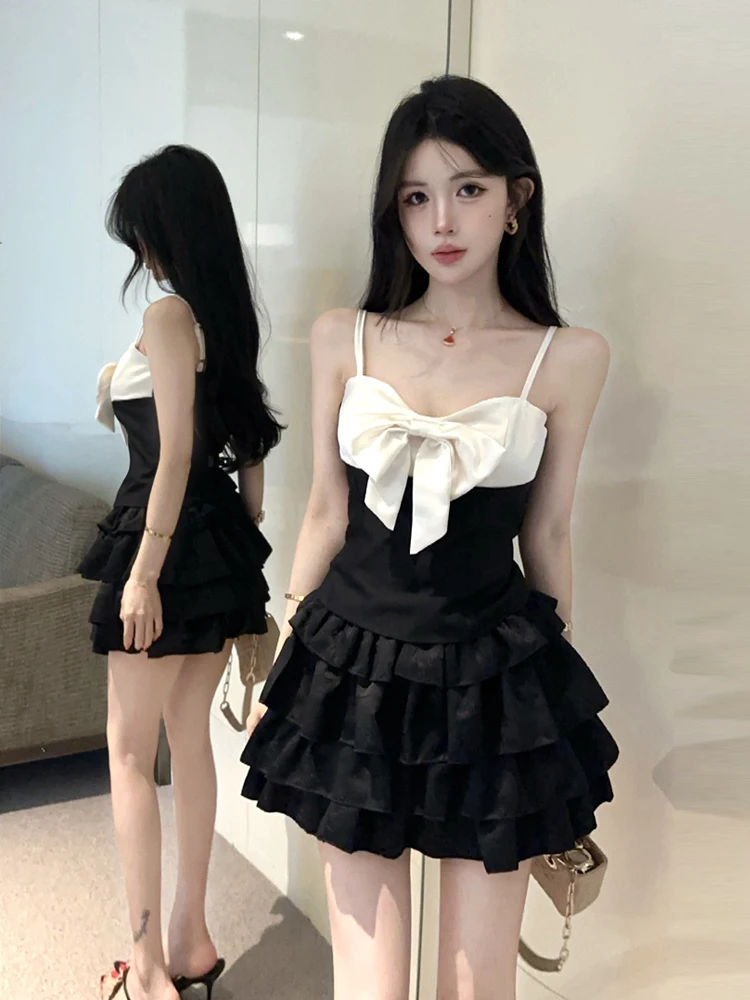 

Hebe Style Knot Color Block Sleeveless Versatile Strap Vest Black Puffy Cake Short Skirt Set Fashionable Summer Outfit
