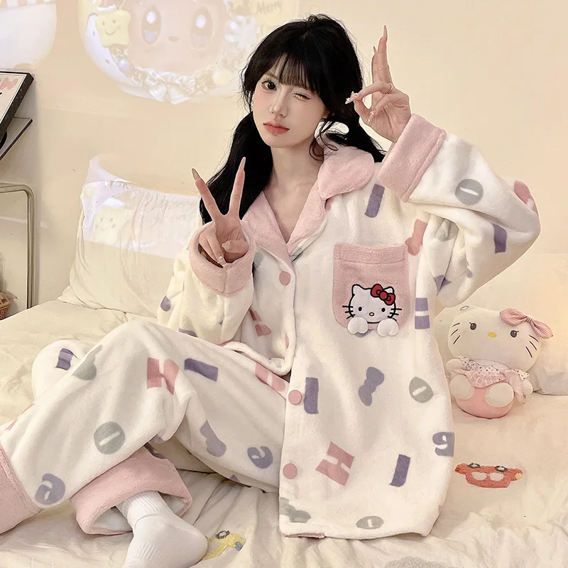 لطيف مرحبا كيتي الإناث الفانيلا منامة دعوى الخريف الشتاء الحلو الكرتون الفتيات طويلة الأكمام رشاقته الدافئة سترة صالة الملابس