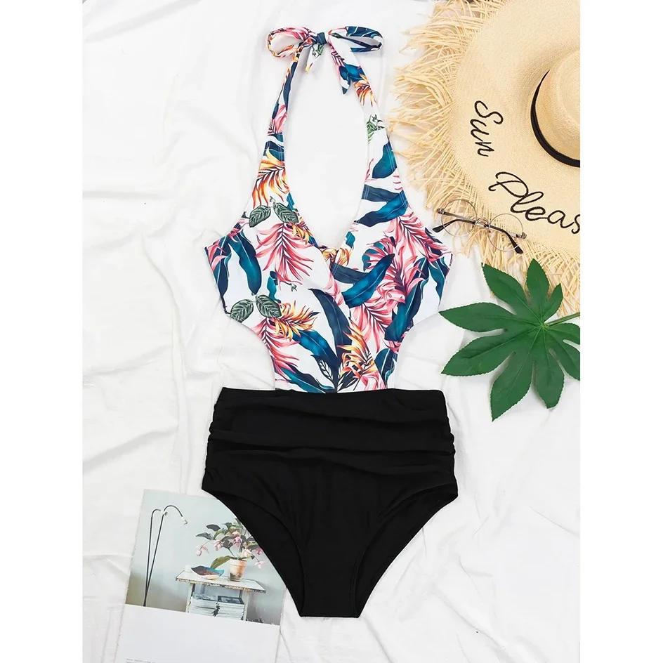 Bañador Sexy de una pieza con cuello Halter para mujer, traje de baño femenino de cintura alta, Bikini de retazos para nadar, Monokini para mujer 2023
