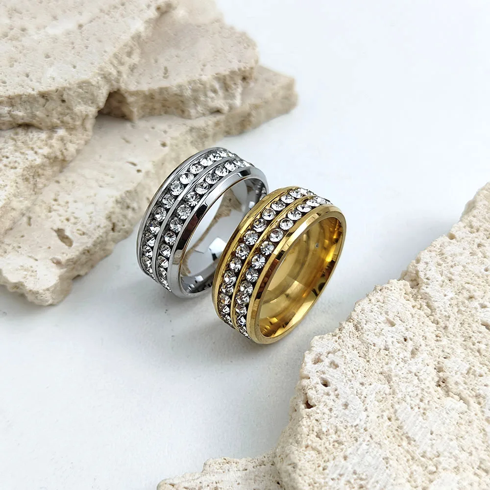 

Stylish and charming stainless steel gold plated men's ring, simple double row zircon women's ring, wedding party jewelry