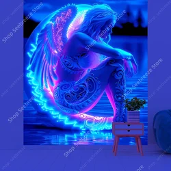 Trippy Girl UV Reactive Poster Tapestry Witchcraft Hippie Wall Hanging Bohemian Mandala Art Aesthetic Kawaii Room Wall Decor