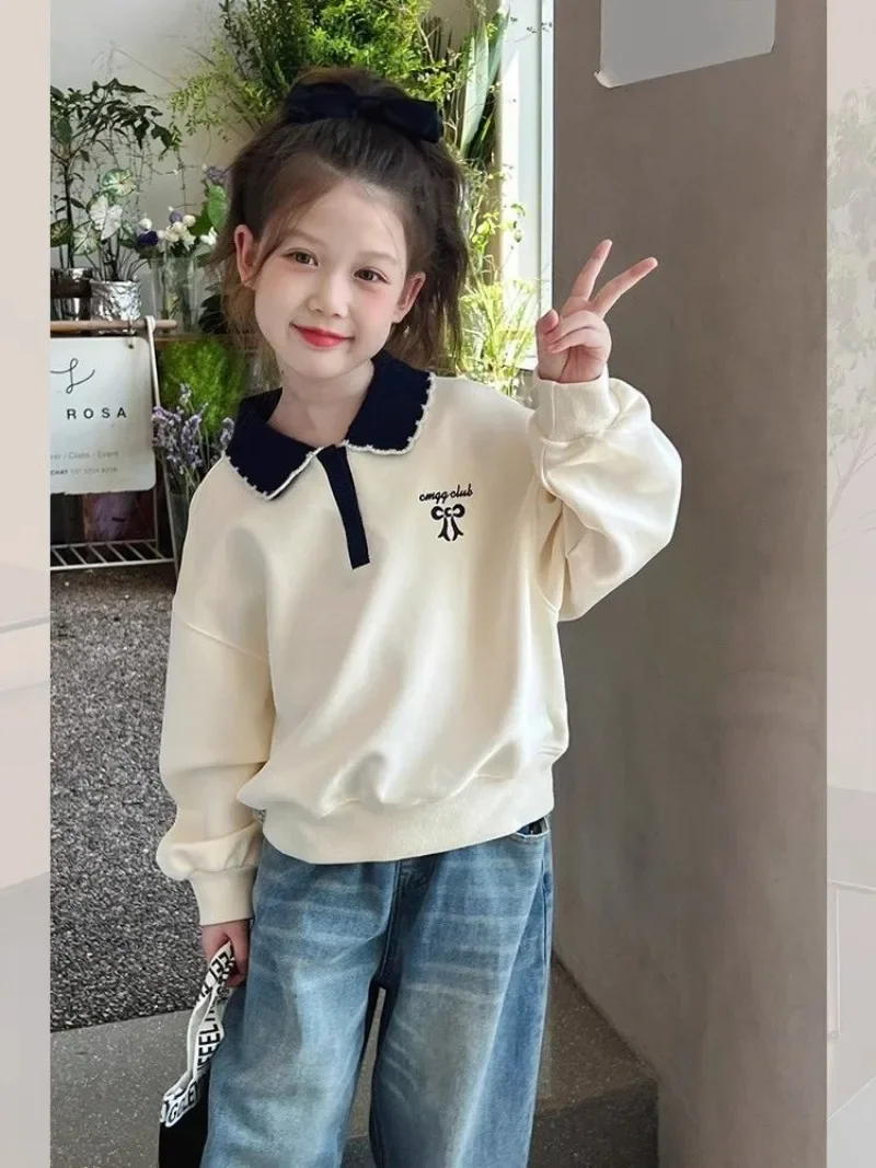 Girls' Sweet Style Loose Fit Long Sleeve Polo Collar Sweatshirt Middle & Large Size Kids Spring Autumn New Arrival