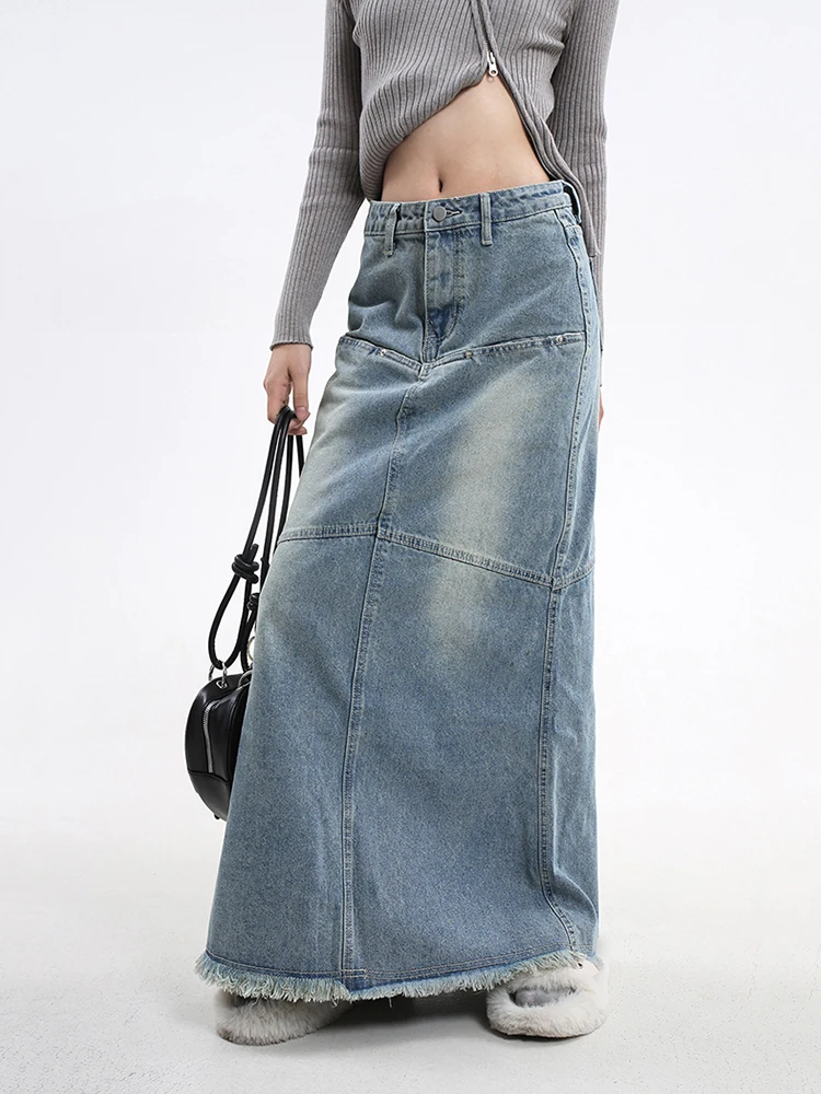 ReddaChic Fishtail Maxi Long Jeans Skirt Tall Girl Friendly Grayu Stylish Low Waist Denim Skirt Blue Retro Women Floor Dresses