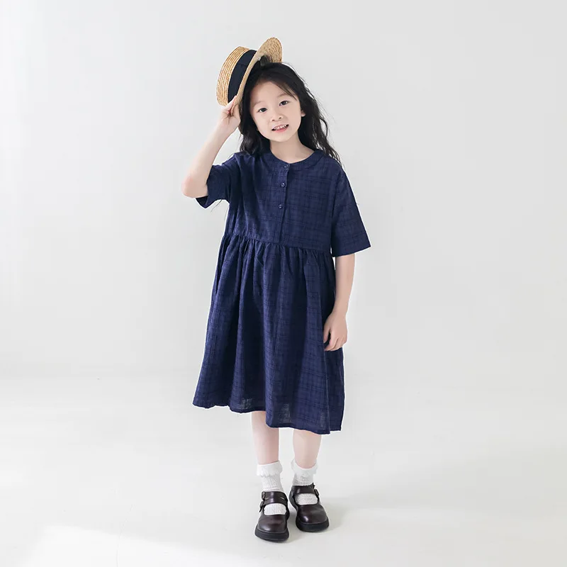 

Kids Girls Short sleeved Dress Summer Light and Thin Plaid Dresses Summer Pure Cotton Clothes for Children