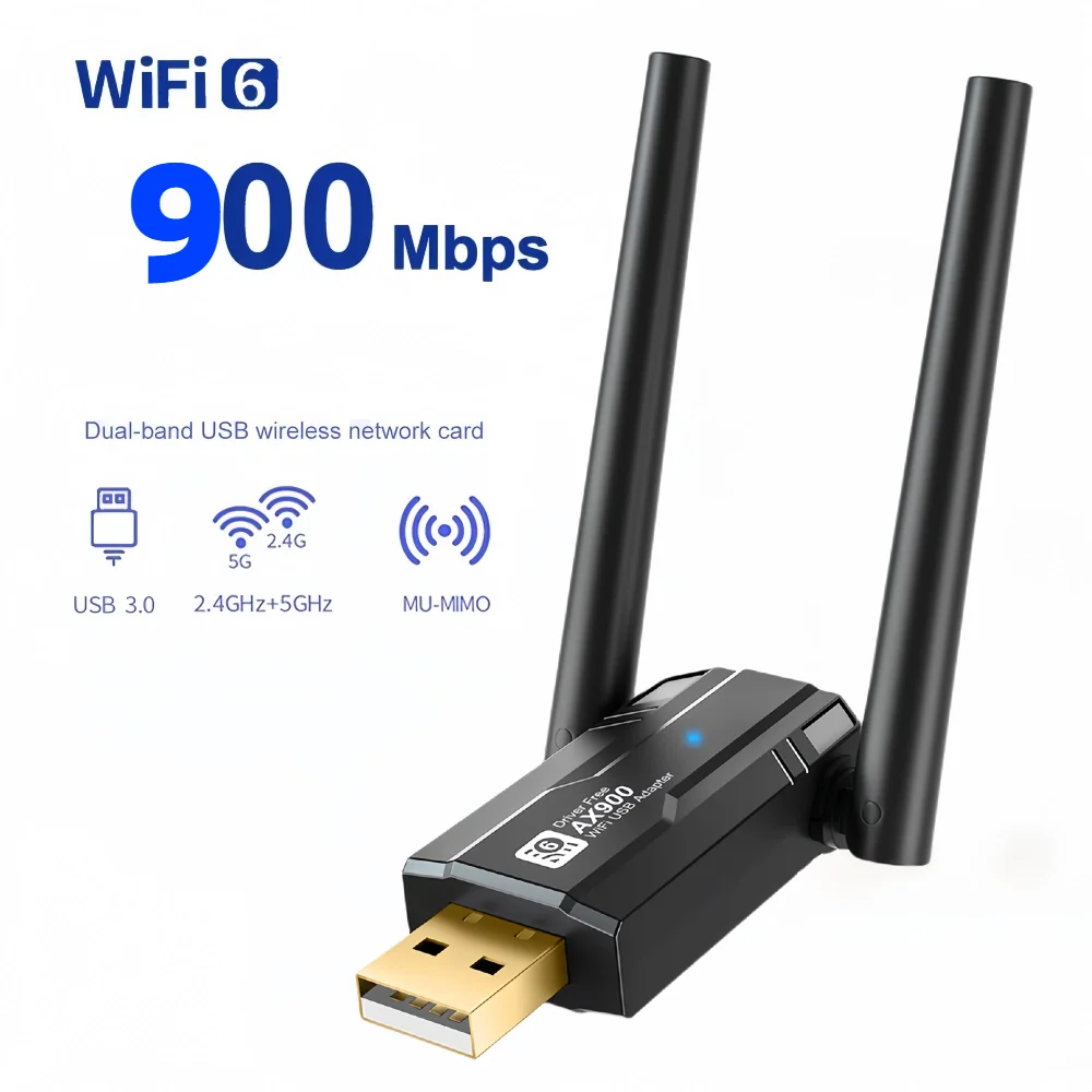 Mini USB WiFi 6 Dongle Placa de rede, 900Mbps, Dual Band, 2.4G, 5GHz, Wi-Fi Adaptador Lan, Driver Grátis para PC, Computador portátil, janelas 7,