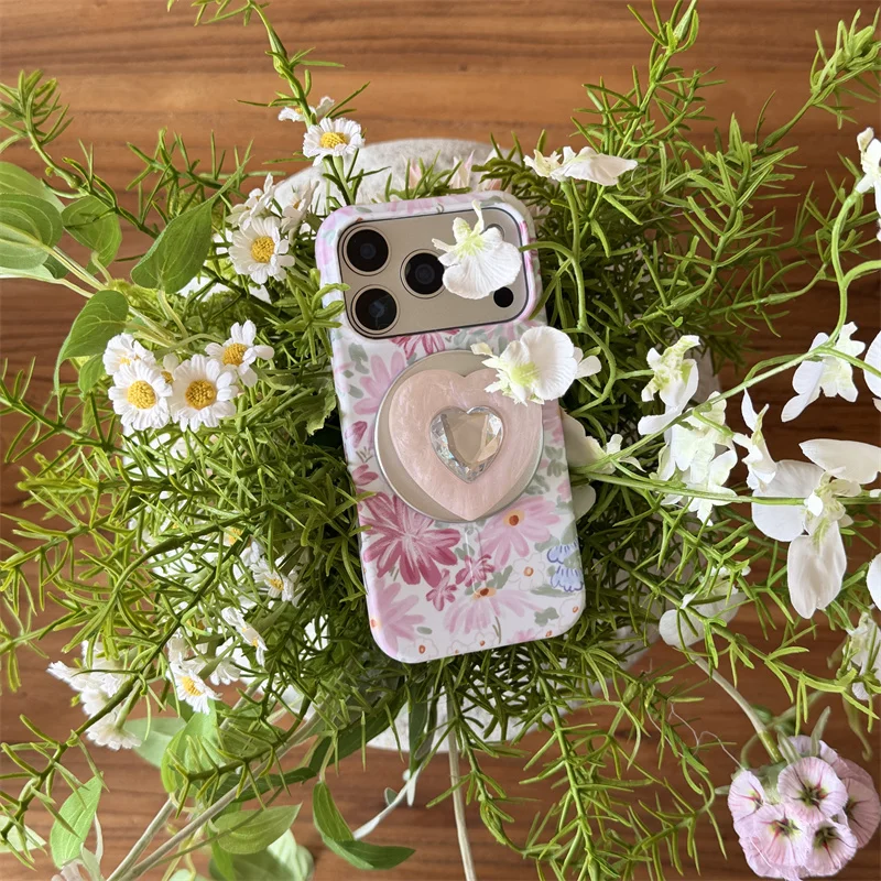 

Daisy Floral Magnetic Case For iPhone 17 Pro Max 15 14 13 12 Pro Max with Pink Heart Gem Stand Matte Filmy Shockproof