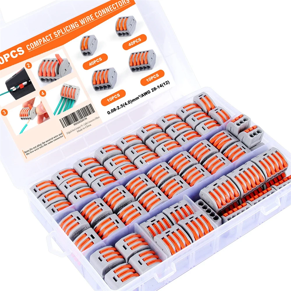 

100 PCS Compact Wire Connector Nuts Kit -Reusable Push-in Terminals for Quick Wire Splicing. Includes 2-5 Ports for Wiring