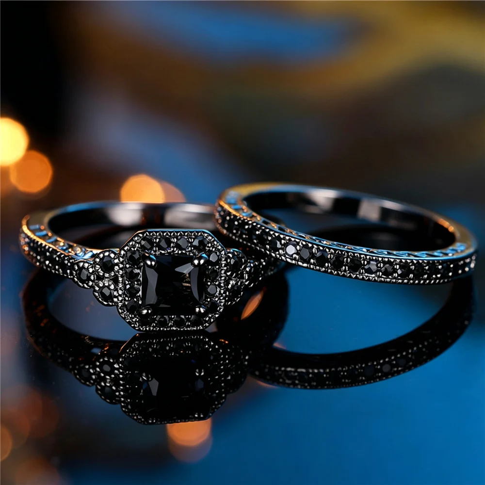 Vintage Male Female Crystal Zircon Stone Engagement Ring Set Black Gold Color Wedding Jewelry For Men And Women