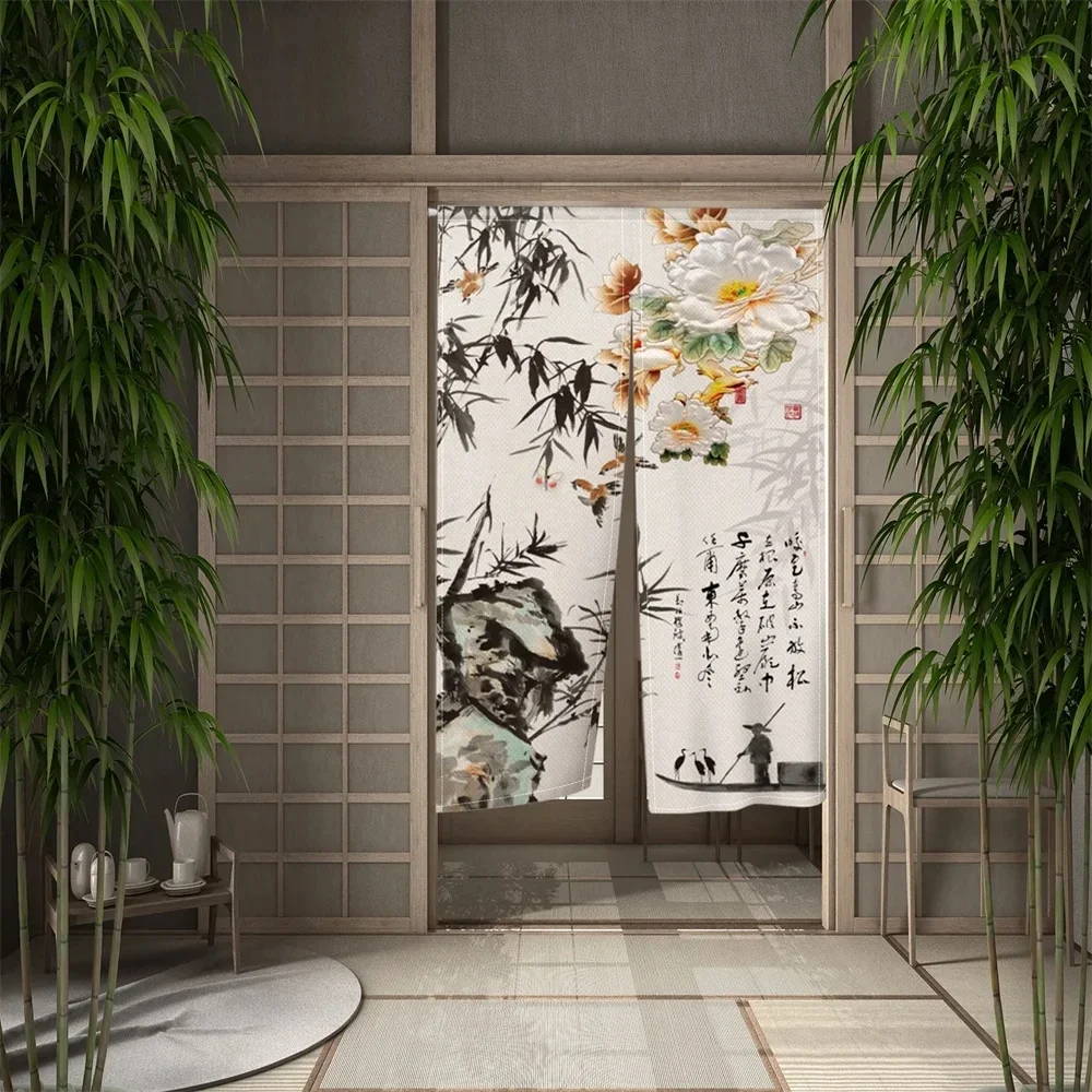 Chinese Ink Bamboo Painting Style Japanese Split Doorway Curtain Partition Household Bedroom Kitchen Bathroom Hang Door Curtain