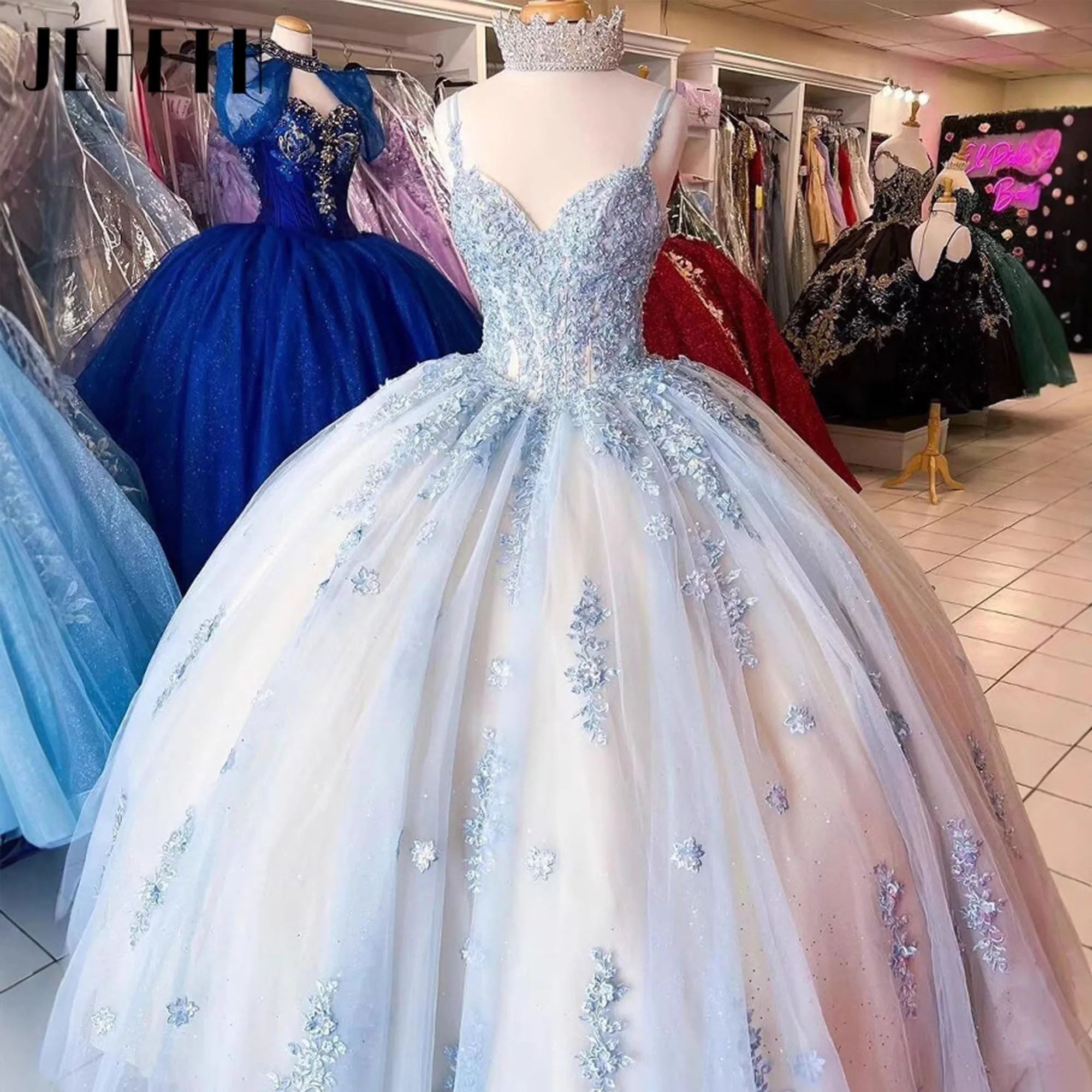 

JEHETH Shining Princess Evening Dress Spaghetti Strap Appliques Prom Dresses A Line Long Lace Up Birthday Party Ball Gown