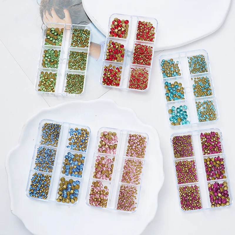 6 Grids/Box  Glass Rhinestone SS6-SS20 Mixed Sizes Flatback Crystal Stones Glue on Diamond 3D Nail accessories