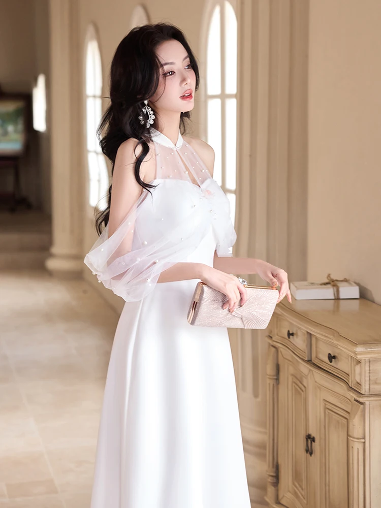 

Ele White Wedding Dr Simple Design High-End Luxury Korean Sle Zipper Ba Pearl Embellied A-Line Skirt for Women