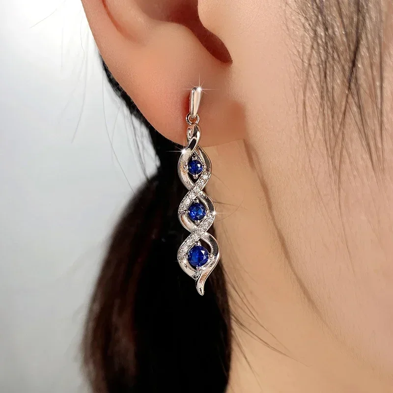 Newly Designed Women's Earrings for Wedding Accessories Fancy Twist Earrings with Blue Cubic Zirconia Temperament Jewelry