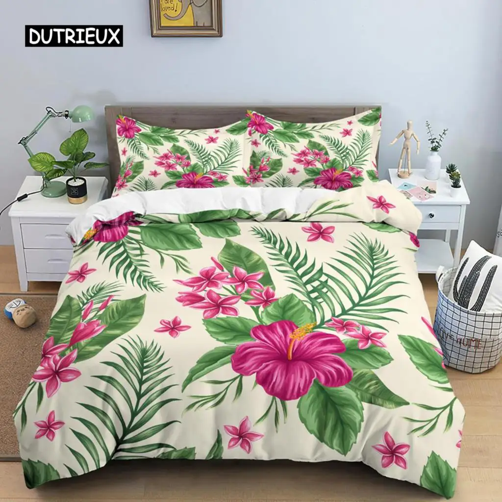 

Flower Duvet Cover Set King Size Pink Flowers Green Leaves Pattern Quilt Cover for Teen Girl Microfiber Floral Theme Quilt Cover