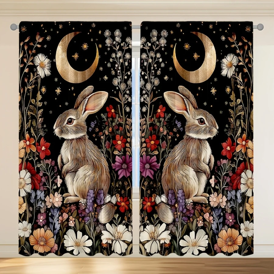 2PCS Digital Print Curtains, Moon Night Flower Bunny, Dreamy Lunar Rabbit Decor Mystical Floral Night Sky Bedroom Drapes