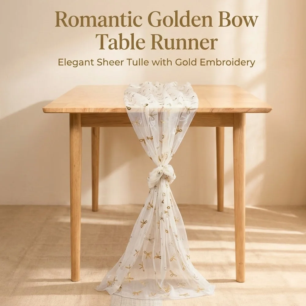 

Golden Bow Tulle Table Runner 70x300cm Sheer Mesh Table Flag for Wedding Birthday Party Christmas Romantic Home Table Decor