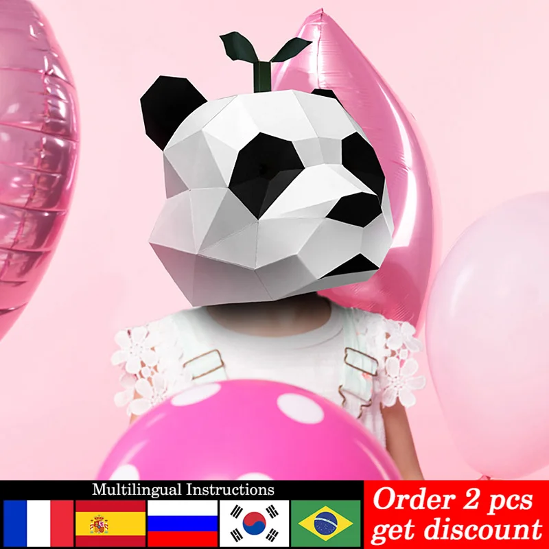 Pre-cut Panda Head with Grass Animal Mask Paper Model,Small Size,3D Papercraft Party Cosplay,Handmade DIY Craft RTY189