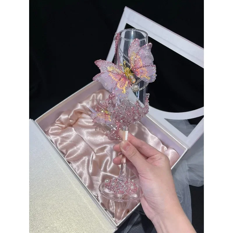 Wedding toast glass pink floral champagne glass broken diamond goblet wedding gift girl heart wine glass