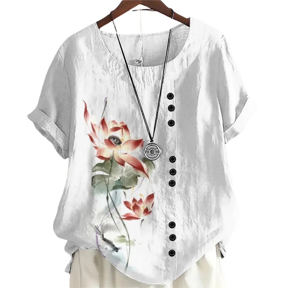 

Summer Ladies Cotton Linen T-Shirt With Button Flower Print Round Neck For Women Breathable Short Sleeve Casual Top Blouse
