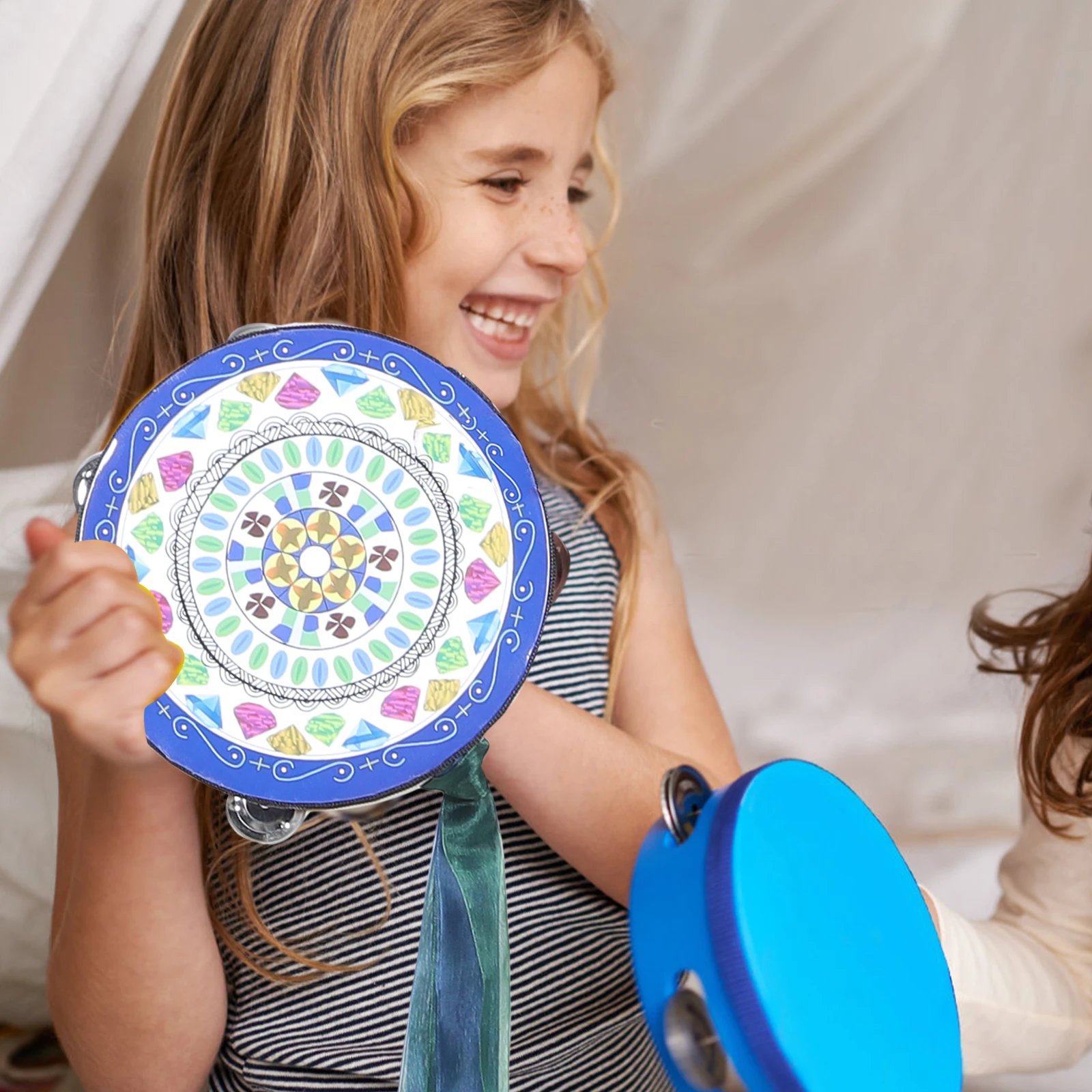 

Tambourine Props Small Percussion Instruments Kids Handheld Drum Metal Jingles Wood Body Ribbons Decor Party Church for Adults