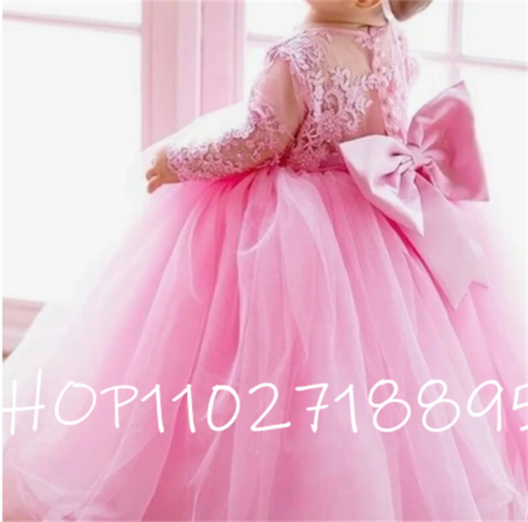 

Pink Tulle Lace Ball Gown Long Sleeve Baby Girl First Birthday Dress Big Bow Flower Girl Dress for Wedding New Year Christmas