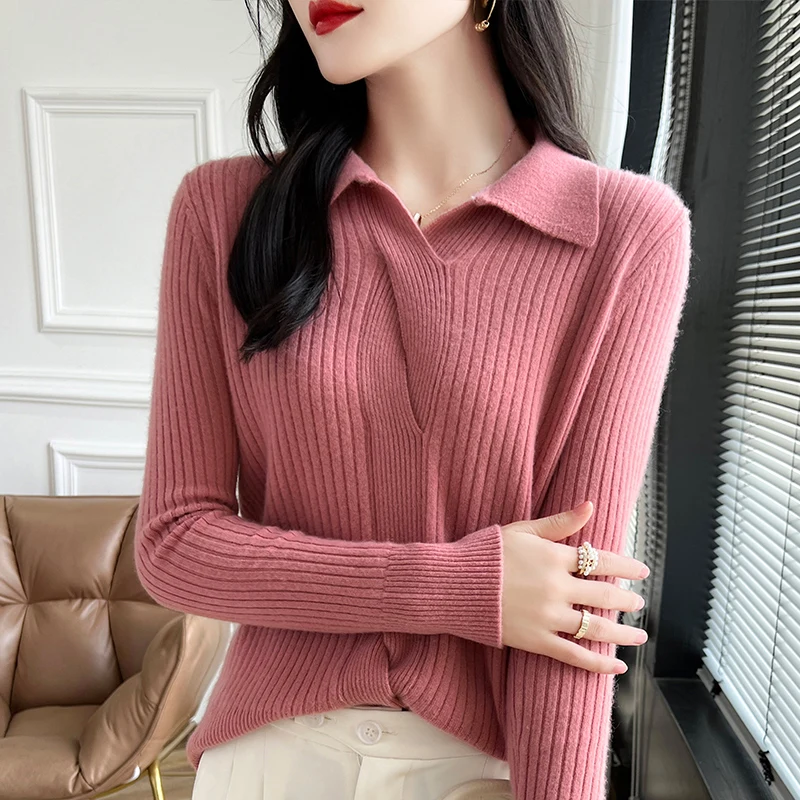 Draw a new fall/winter 100% Merino wool cashmere pullover Women's lapel pullover warm bottom knit shirt top