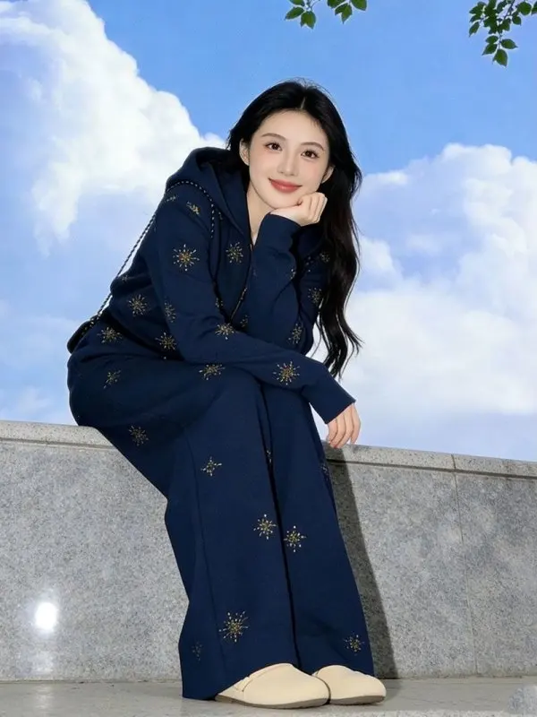 

New Spring Navy Blue Set Women's Rhinestone Hooded Sweatshirt Coat High Waist Rhinestone Wide Leg Pant Street Trend Fashion Suit