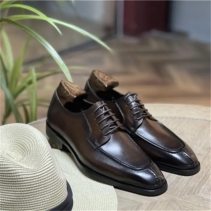 Men Derby Shoes Leather Square Toe Low Heel Classic Lace Up Fashion Comfortable Business Casual Daily Men Shoes