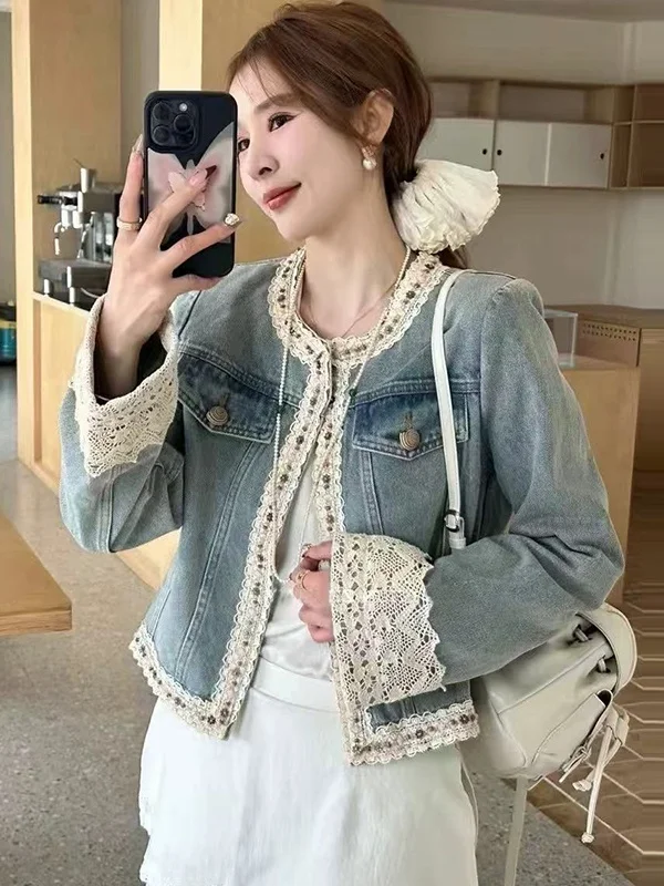 

Unique Patchwork Lace Trim Denim Jaet Women's Spring 2025 Slimming Top Small Fraance Sle Faion ort Outerwear