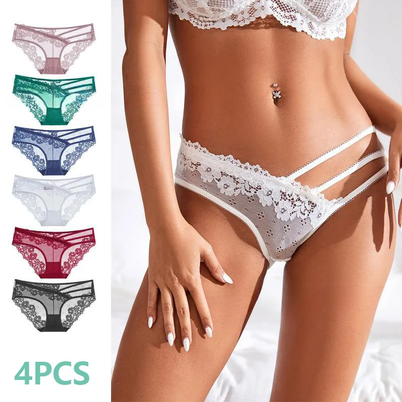 4 Stück sexy, mit Blumenmuster verzierte Spitzen-Slips, hautfreundliche Damen-Triangel-Slips, niedrig geschnitten, aus atmungsaktivem Netzstoff.
