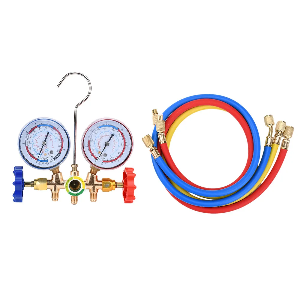 500psi Refrigerants Manifold Gauge Manometer Valve with Hose and Hook Air Condition Gauge for R12 R22 R404A R134A