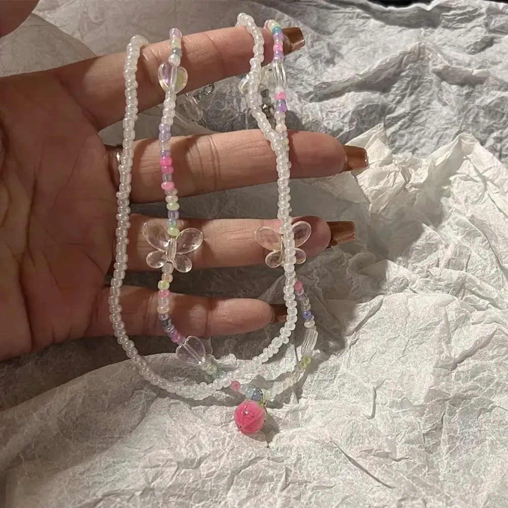 قلادة بحلية بسيطة للنساء ، فراولة ، فراولة ، فراشة ، فراشة ، لؤلؤ ملون ، سلسلة رقبة