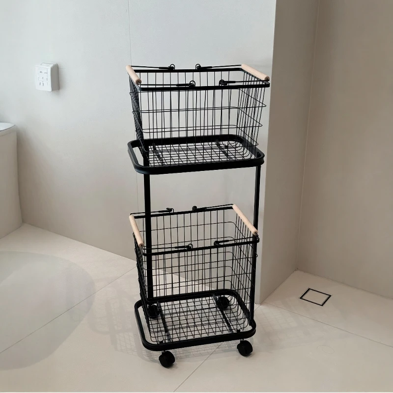 

High-End Iron Art Laundry Hamper Home Use Multi-Layer Storage Basket with Universal Wheels Waing Dir Clothes Basket