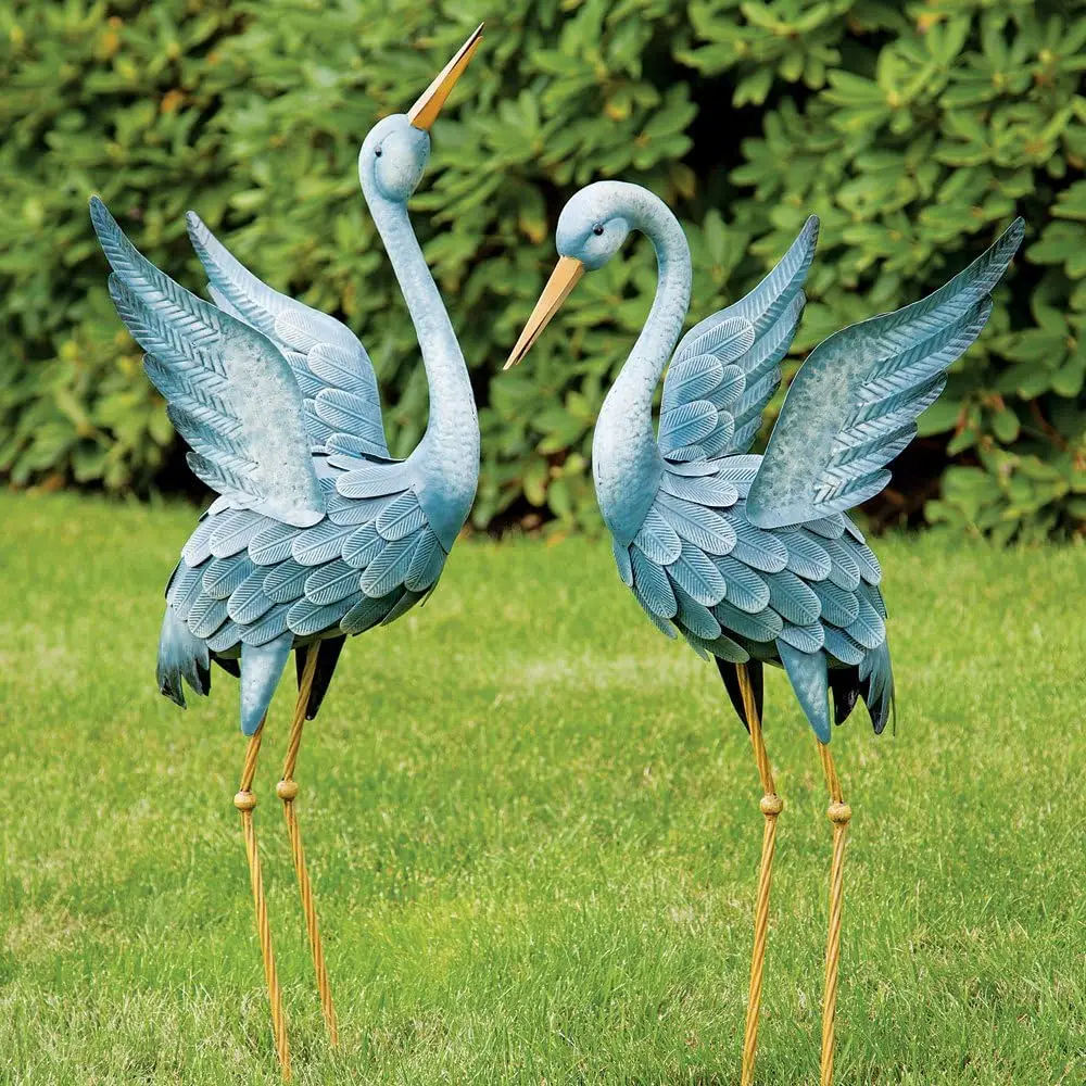 Japanese Blue Heron Metal Garden Sculpture Set-Two Metal Cranes Perfect for Garden Decor-Garden Art,Outdoor Lawn and Patio Decor