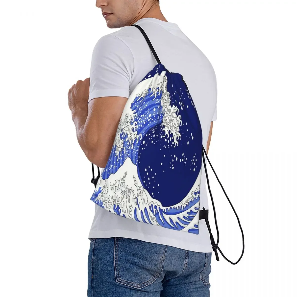 Mochilas grande onda azul, sacos de cordão portáteis casuais, bolso do pacote, saco de diversos, bookbag para viagens e escola