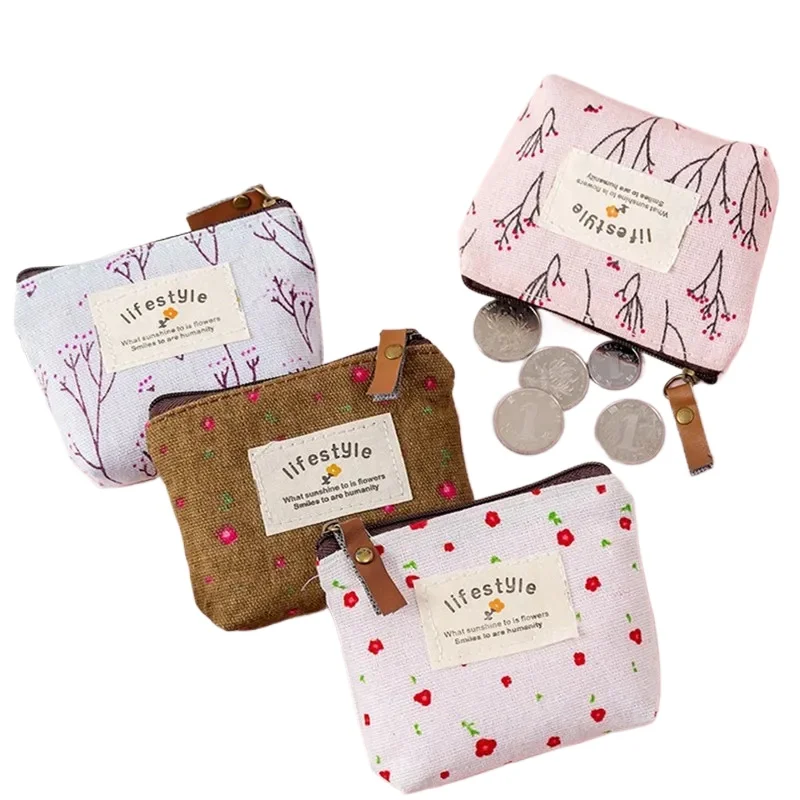 Mini Zipper Bag Flower Pattern Coin Purses Small Fresh Canvas Wallet Earphone Cable Keys Money Lipstickes Organizer Bag Portable