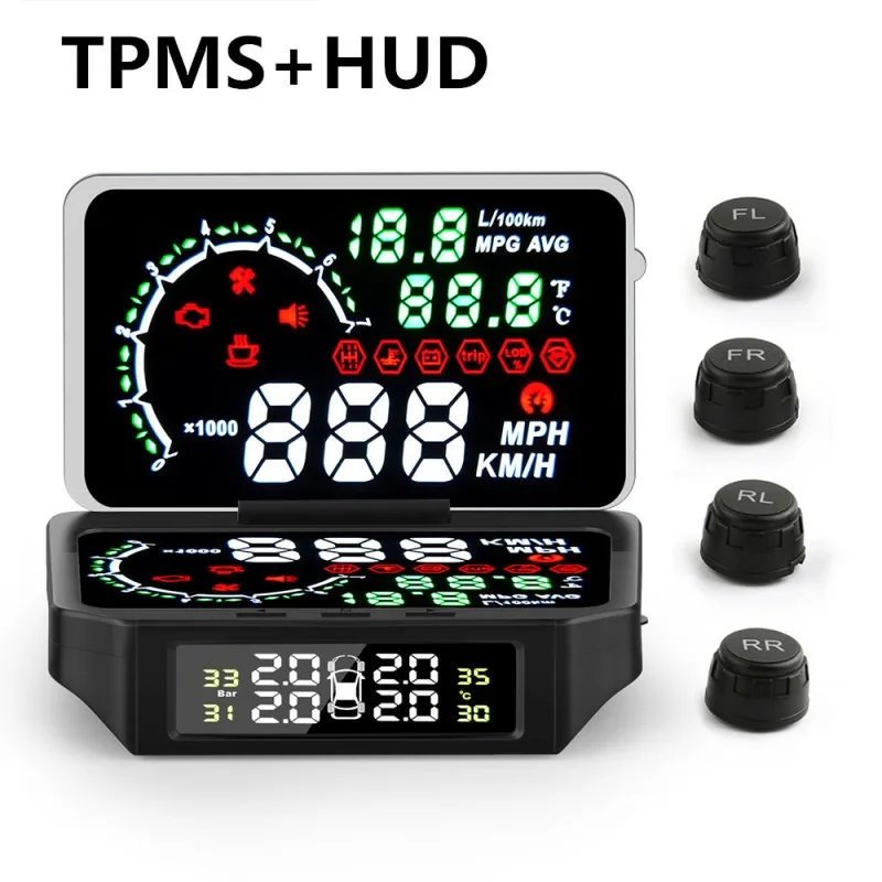 Wireless tire pressure monitor system TPMS external vehicle tire pressure temperature detection head up display HUD