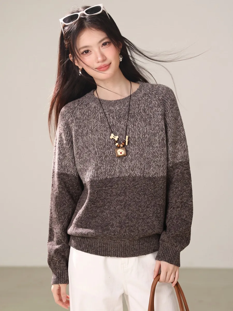 Retro Mixed Color Knitted Sweater Women's round Neck Gradient Mixed Loose Shoulder Long Sleeve Casual Style Comfortable Fit