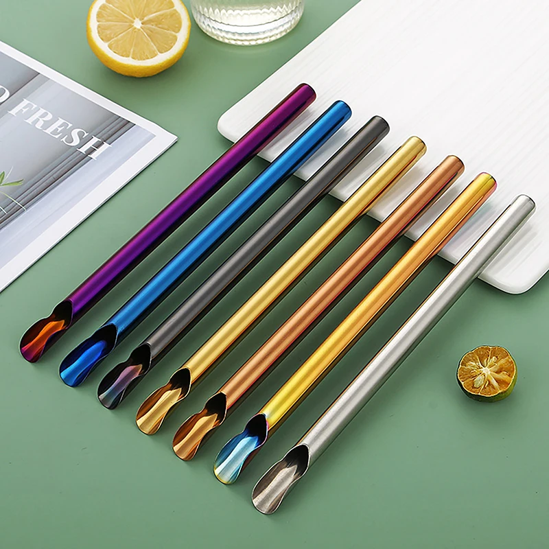 1Pc Reusable Stainless Straw Spoon Durability Drinking Straw Stainless Steel Stirring Spoon Bar Creative Colorful Straw