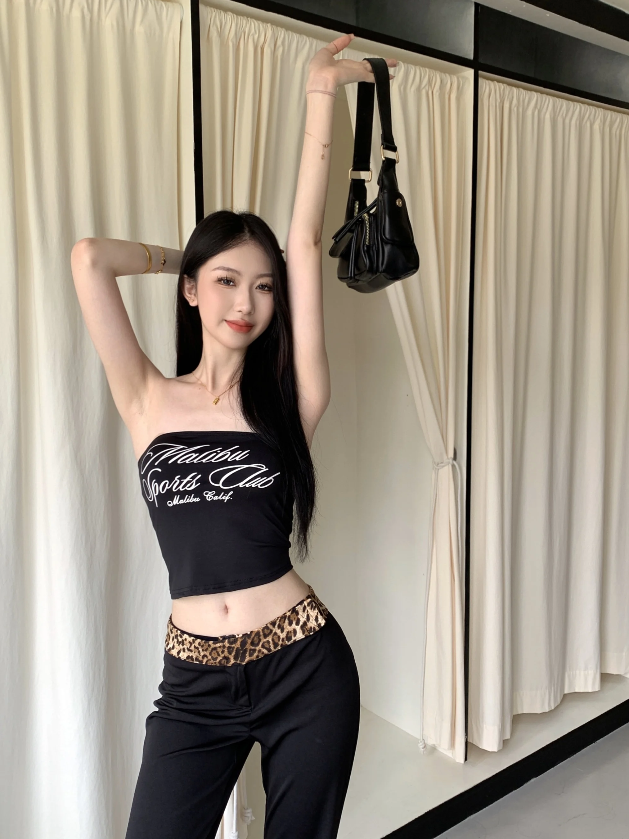 Alphabet Printed Sleeveless Strapless Vest For Women 2024 Summer Sexy Slim Fitting Leopard Print Black High Waist Wide Leg Pants