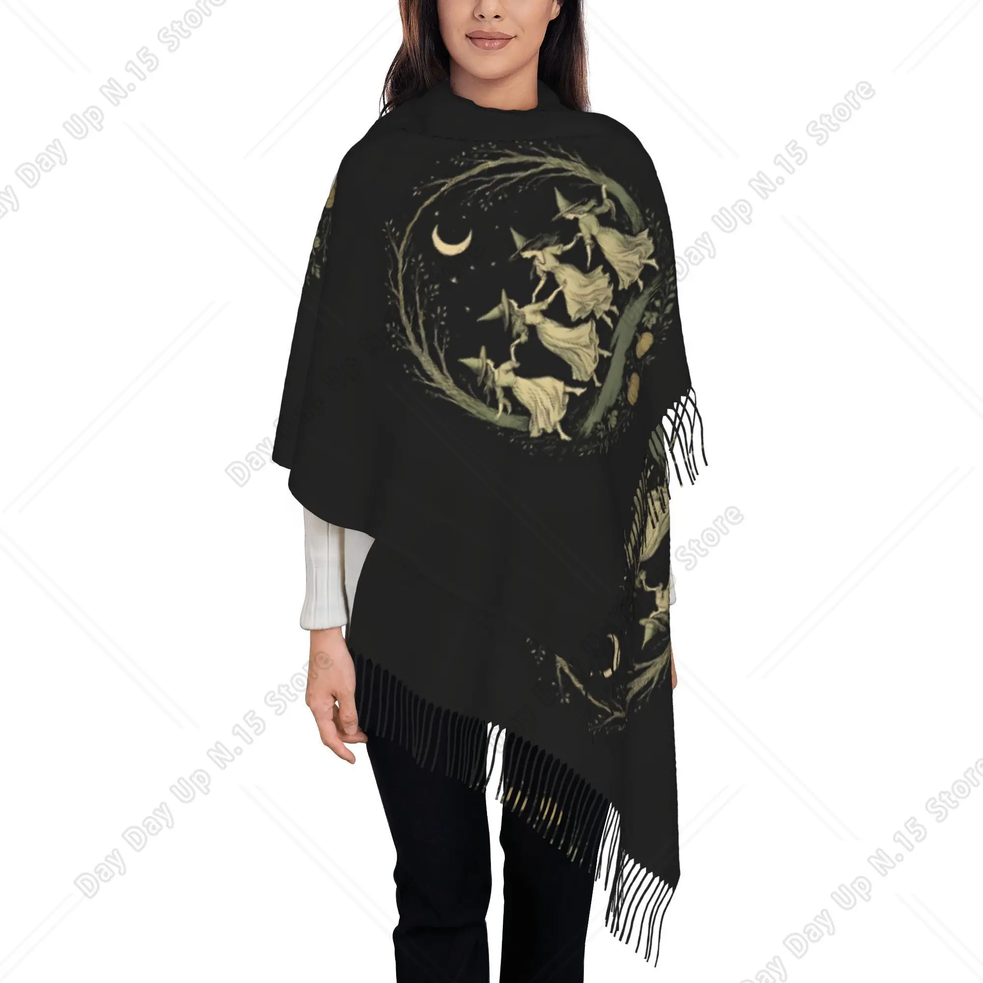 Witch Circle Enchanted Moonlit Dance Fashion Print Unisex Autumn And Winter Cold Prevention Fringedscarf Tassel Scarf  Outdoor