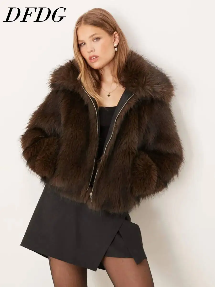 DFDG Women 2026 Hooded Faux Fur Cropped Jacket Zip Up Plush Fluffy Coat Pockets Warm Winter Casual Fashion Layer Streetwear Coat