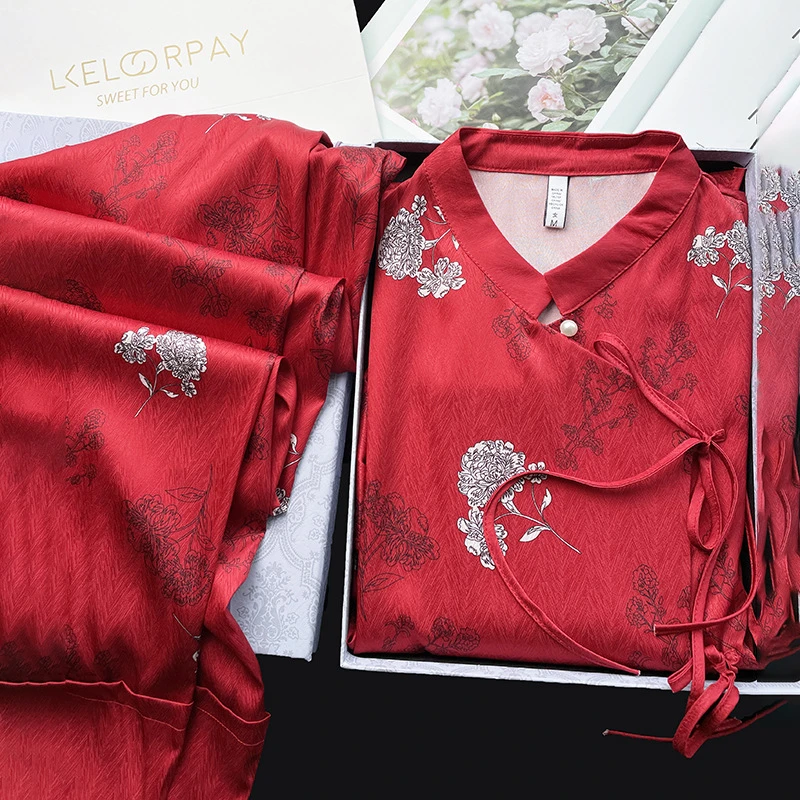 

Women's Pajamas Set Long Sleeve Homewear Silky Satin Nightwear Loose Top&Pants 2PCS Pijamas Red Chinese Style Wedding Sleepwear