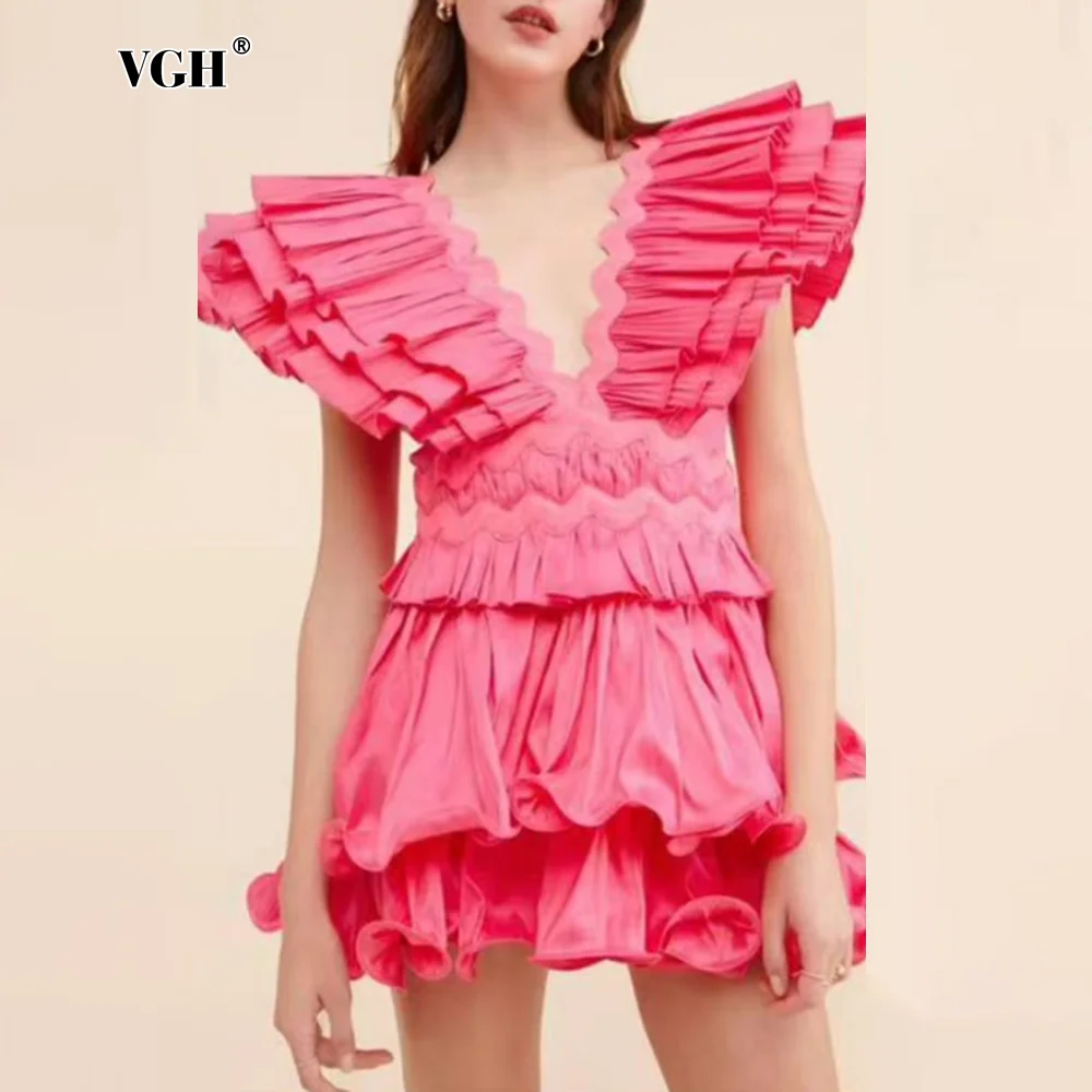 VGH Solid Spliced Ruffles Slimming Short Dresses For Wmen V Neck Flying Sleeve Backless High Waist Tunic Dress Female Style New