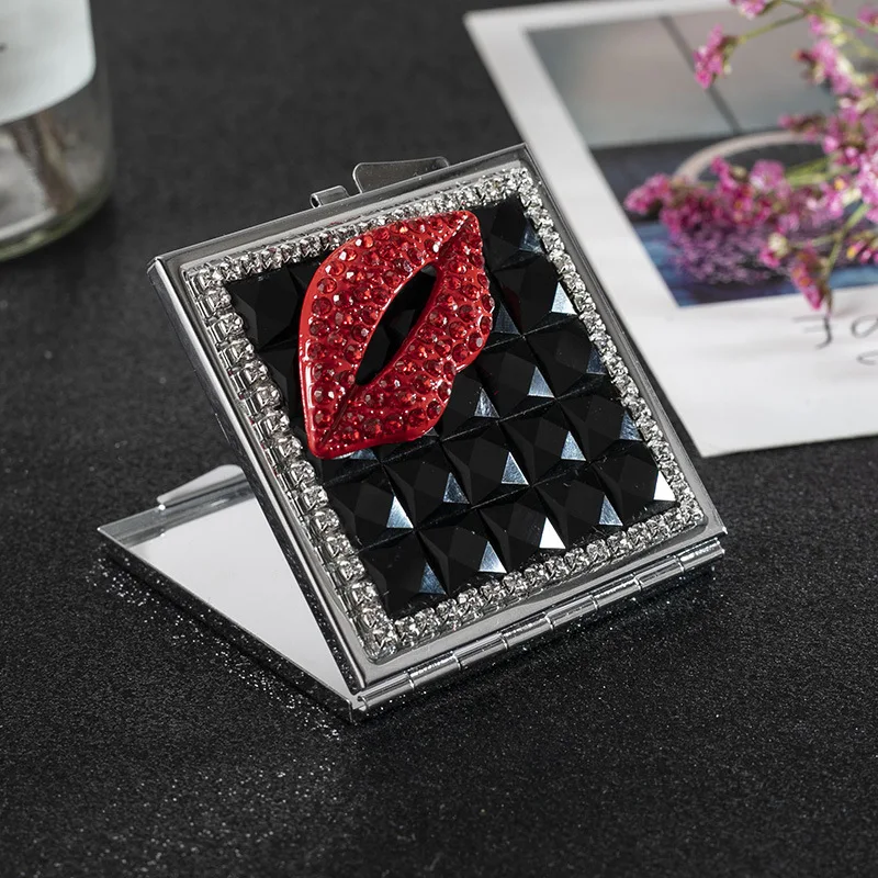 Mini Pocket Cosmetic Makeup Mirror Crystal Red Lip Double-sided Foldable Compact Mirror Party Favors Christmas Gift