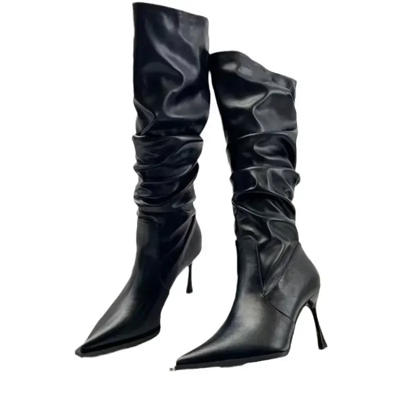 Fashion Pointed Pleated High Barrel Boots Women Trendy Thin Heel Stacked Boots High Heel Knee High Long Barrel Boots 2024